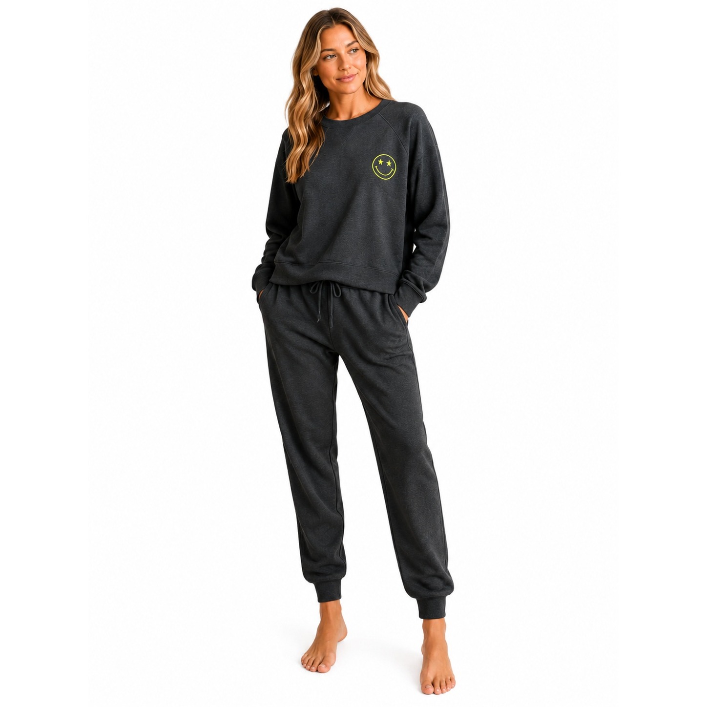 Monrow Sweatsuit Set Womens M L Dark Gray Embroidered Smile Jogger Lounge Set